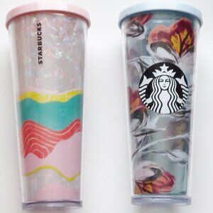 Starbucks Bundle of 2 Large Venti Tumblers 24 oz. No Straws 2019 Peony 2020 Wave